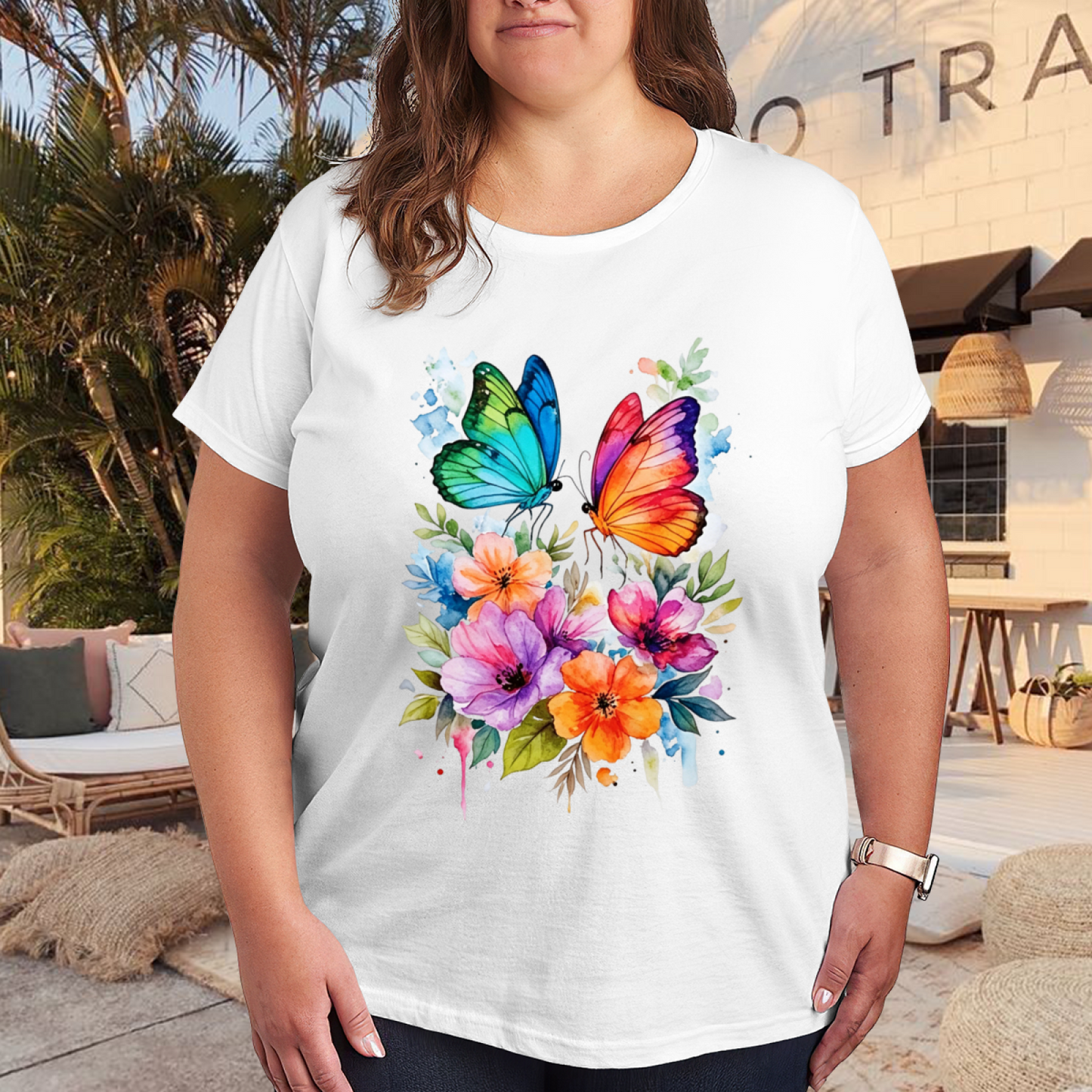 Watercolor Floral Twin Butterflies Vibrant Art Plus Size Women Printed T-Shirt