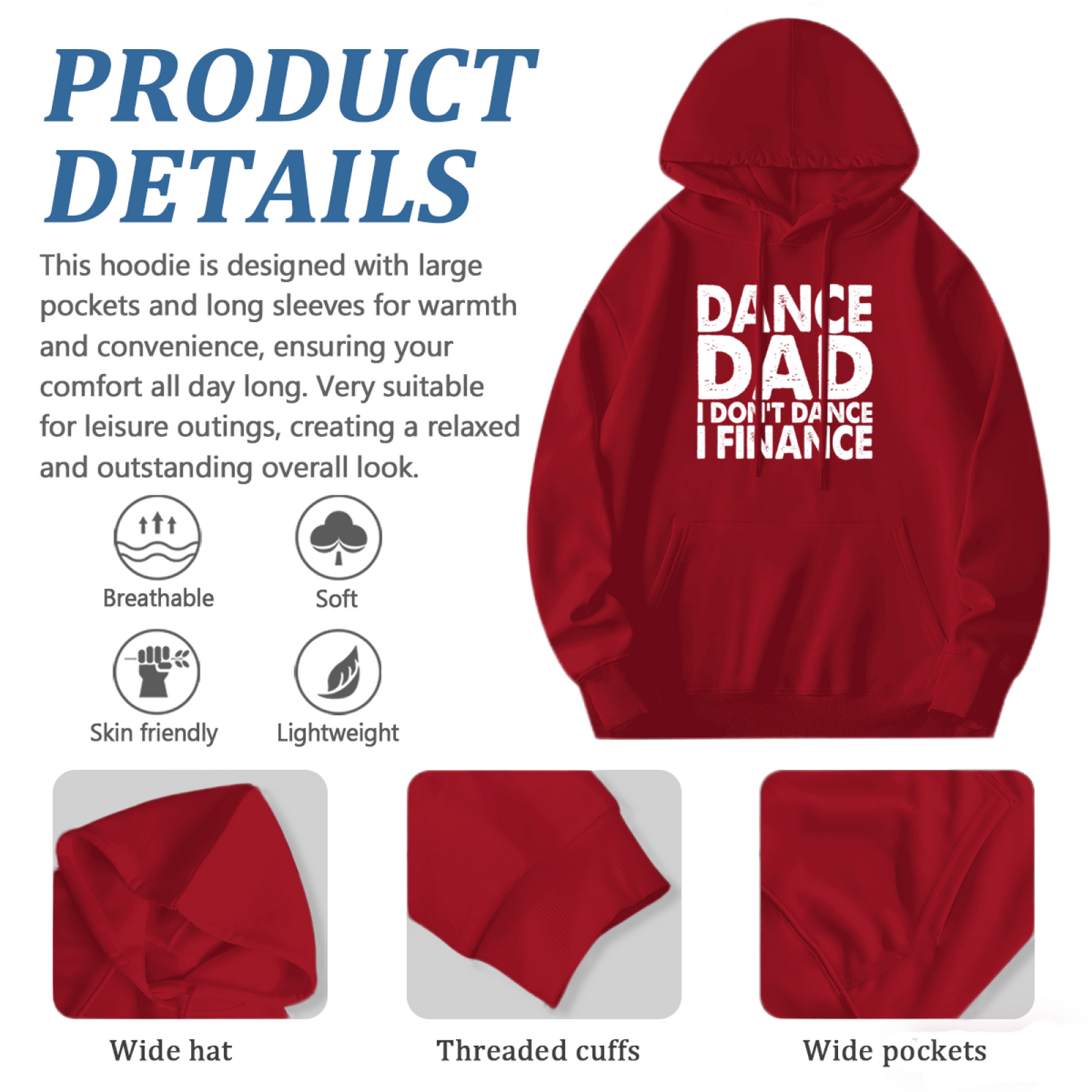 Dance Dad Finance Pun Red Hoodie, Cozy Father Gift Unisex Hooded Sweatshirt