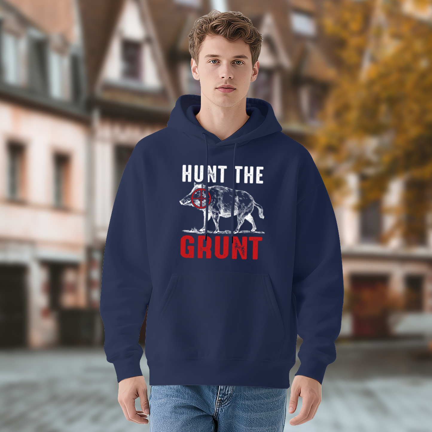 Hunt The Grunt Wild Boar Hunting Navy Hoodie, Comfort Outdoor Top For Hunters
