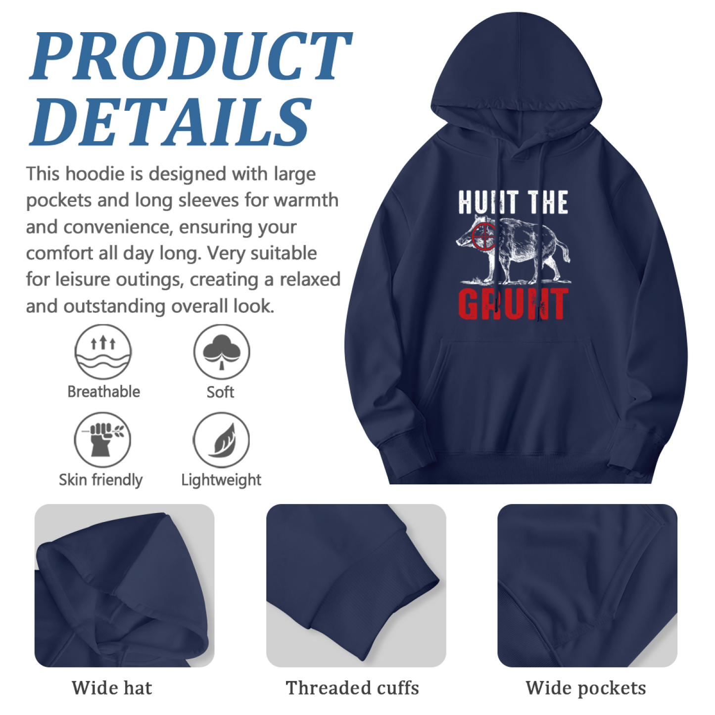 Hunt The Grunt Wild Boar Hunting Navy Hoodie, Comfort Outdoor Top For Hunters
