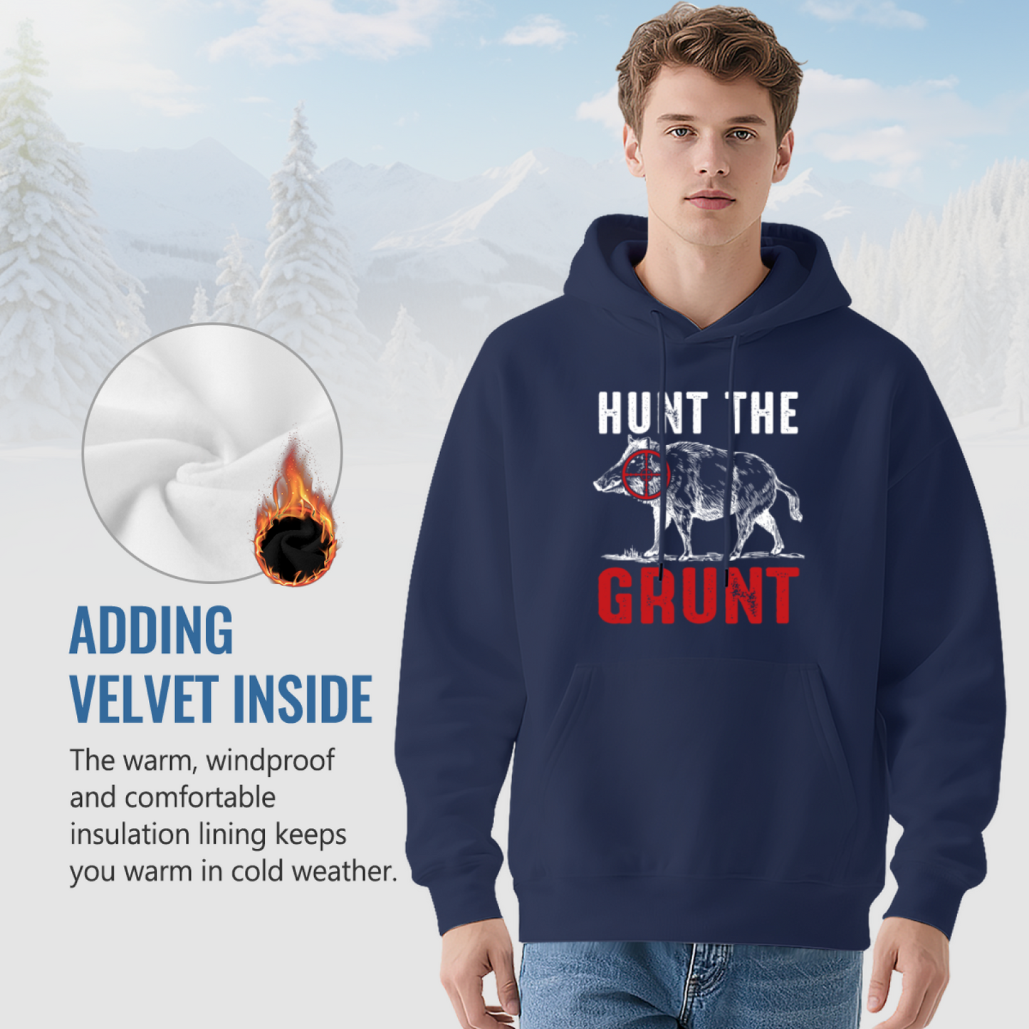 Hunt The Grunt Wild Boar Hunting Navy Hoodie, Comfort Outdoor Top For Hunters