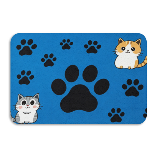 Vibrant Blue Cat Paw Print Diatom Mat | Adorable Two Cartoon Kittens Silicone Floor Rug