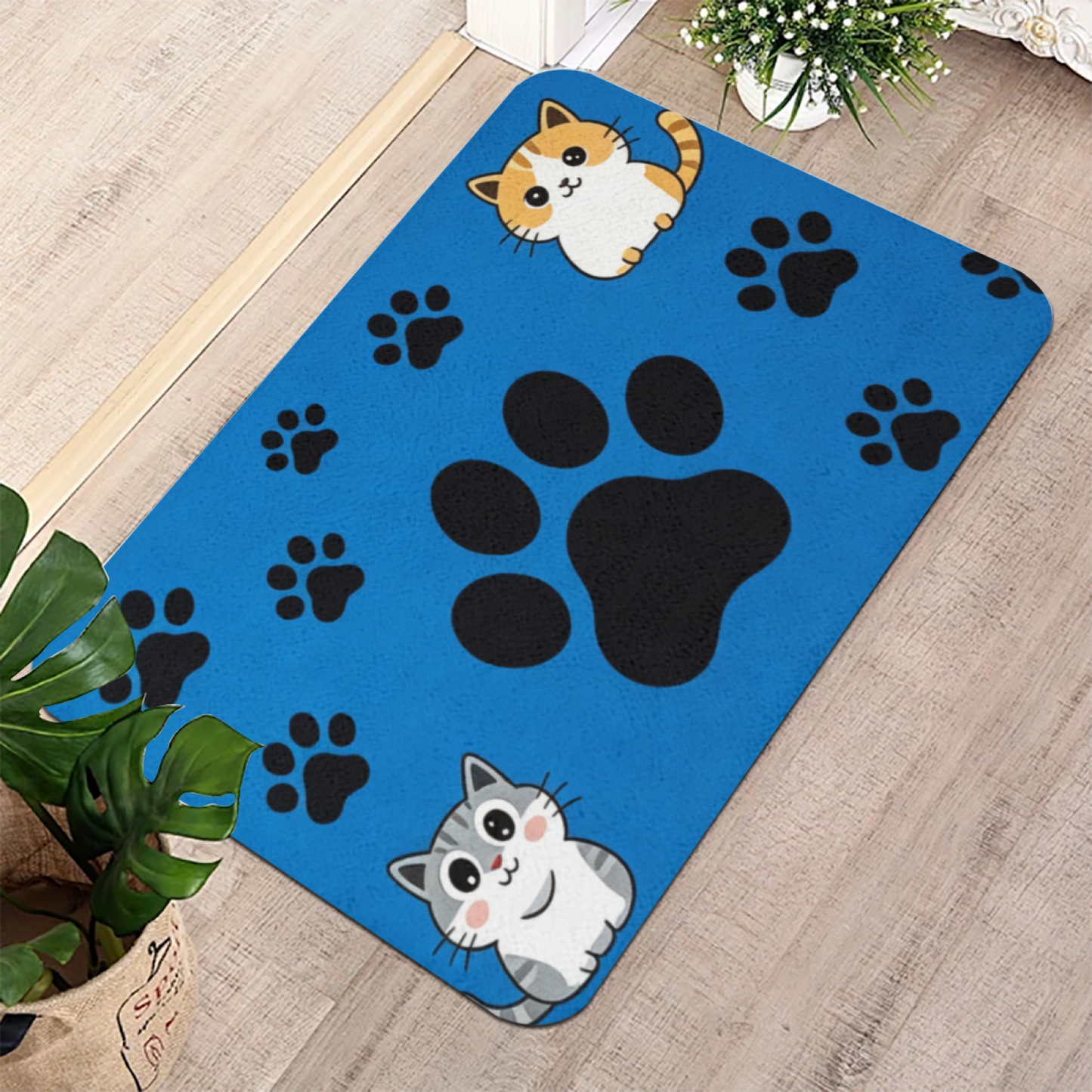 Vibrant Blue Cat Paw Print Diatom Mat | Adorable Two Cartoon Kittens Silicone Floor Rug