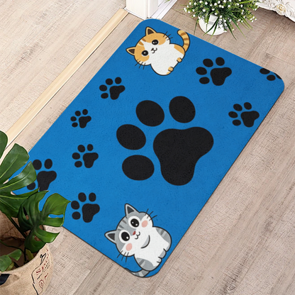 Vibrant Blue Cat Paw Print Diatom Mat | Adorable Two Cartoon Kittens Silicone Floor Rug