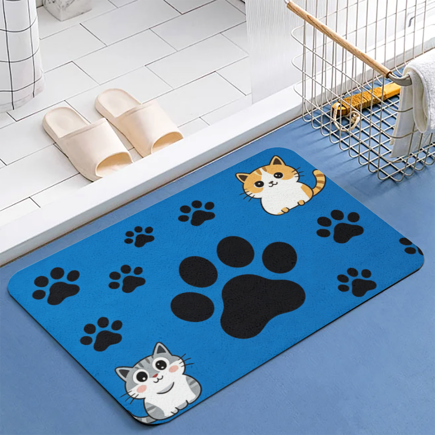 Vibrant Blue Cat Paw Print Diatom Mat | Adorable Two Cartoon Kittens Silicone Floor Rug