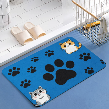 Vibrant Blue Cat Paw Print Diatom Mat | Adorable Two Cartoon Kittens Silicone Floor Rug