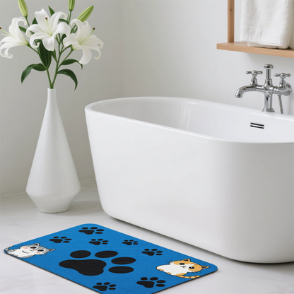 Vibrant Blue Cat Paw Print Diatom Mat | Adorable Two Cartoon Kittens Silicone Floor Rug