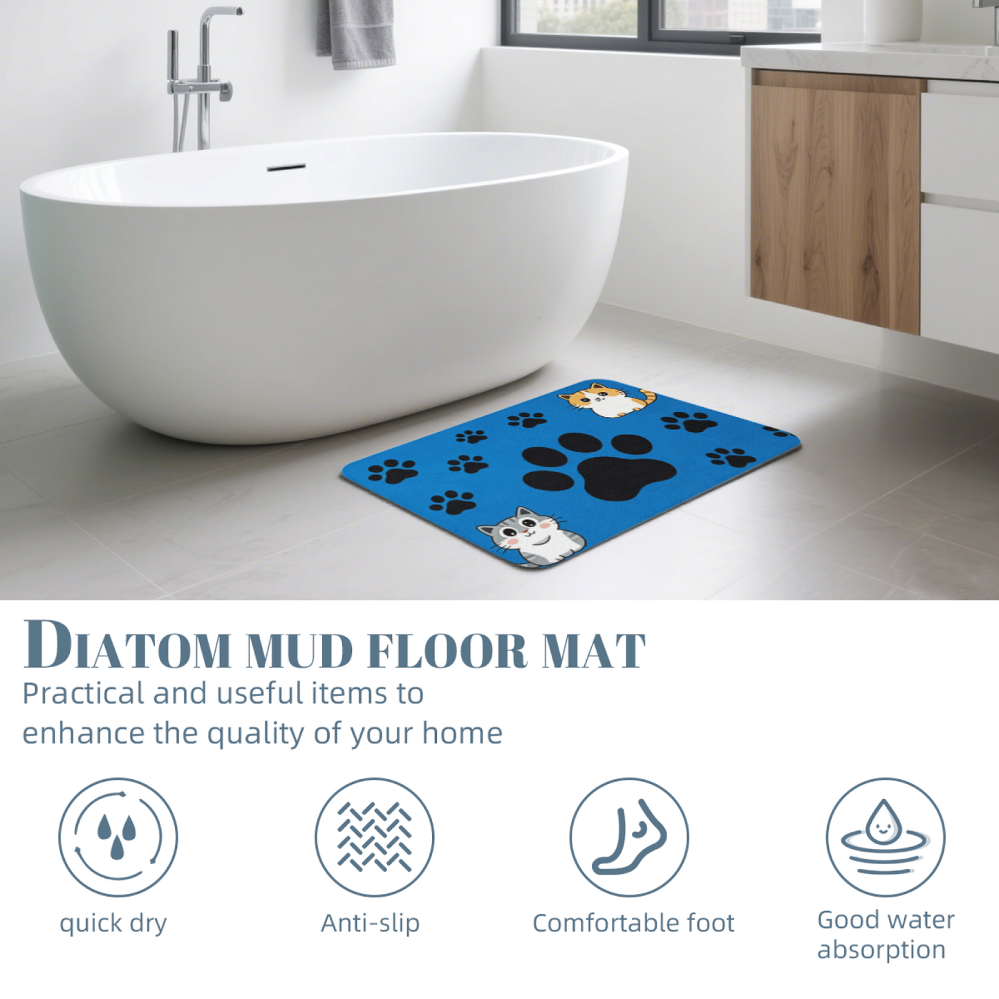 Vibrant Blue Cat Paw Print Diatom Mat | Adorable Two Cartoon Kittens Silicone Floor Rug