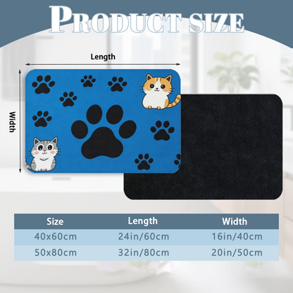 Vibrant Blue Cat Paw Print Diatom Mat | Adorable Two Cartoon Kittens Silicone Floor Rug