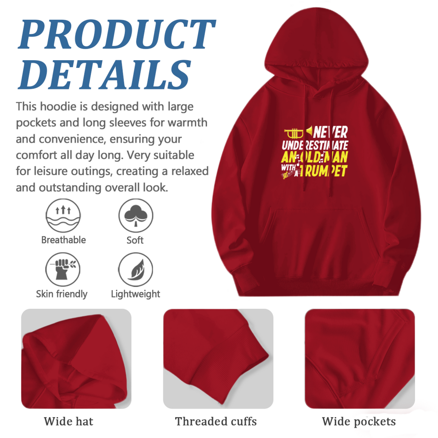 Retro Old Man Trumpet Player Hoodie, Soft Casual Fit