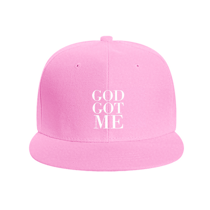 GOD GOT ME Bold Text Navy Flat Brim Snapback Sun Hat, Faith Religious Statement Cap