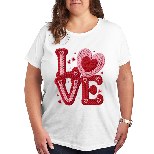 Knitted Texture LOVE Heart Warm Romantic Plus Size Women Printed T-Shirt