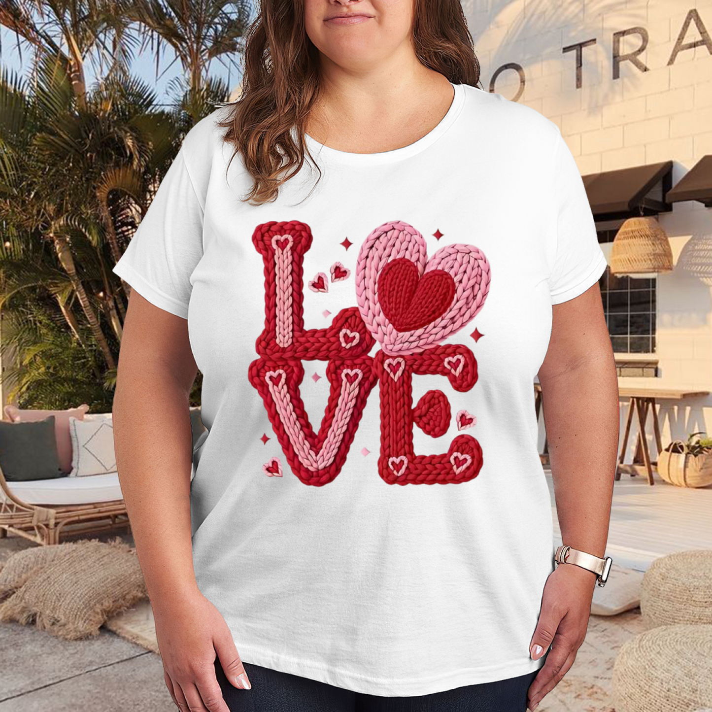 Knitted Texture LOVE Heart Warm Romantic Plus Size Women Printed T-Shirt