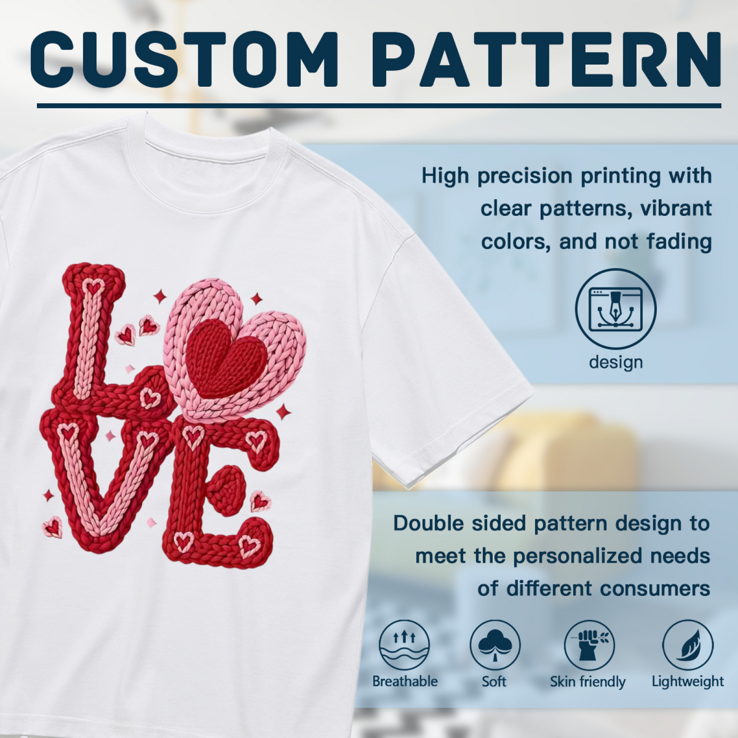 Knitted Texture LOVE Heart Warm Romantic Plus Size Women Printed T-Shirt