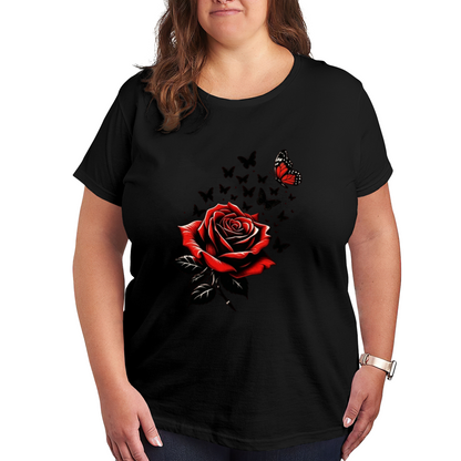 Gothic Red Rose Black Silhouette Butterfly White Plus Size Women Printed T-Shirt