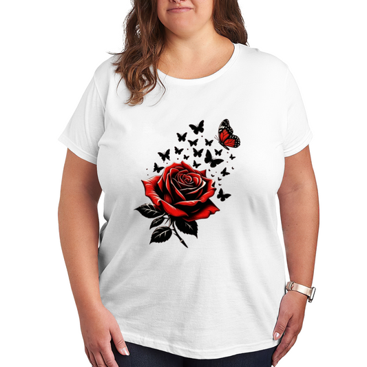 Gothic Red Rose Black Silhouette Butterfly White Plus Size Women Printed T-Shirt
