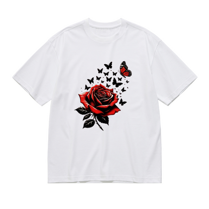 Gothic Red Rose Black Silhouette Butterfly White Plus Size Women Printed T-Shirt