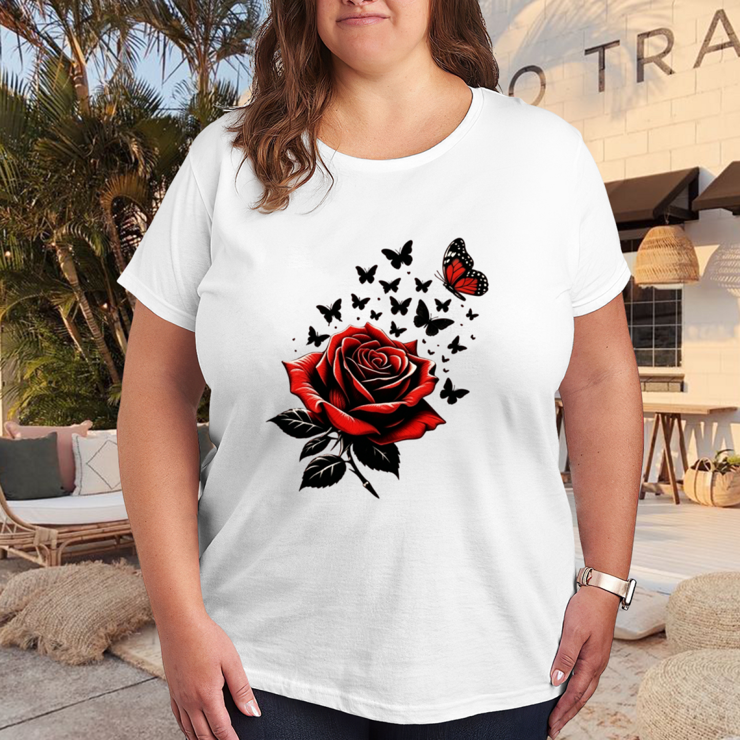 Gothic Red Rose Black Silhouette Butterfly White Plus Size Women Printed T-Shirt