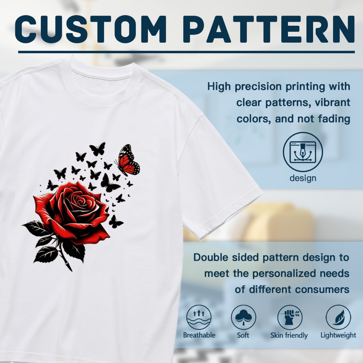 Gothic Red Rose Black Silhouette Butterfly White Plus Size Women Printed T-Shirt