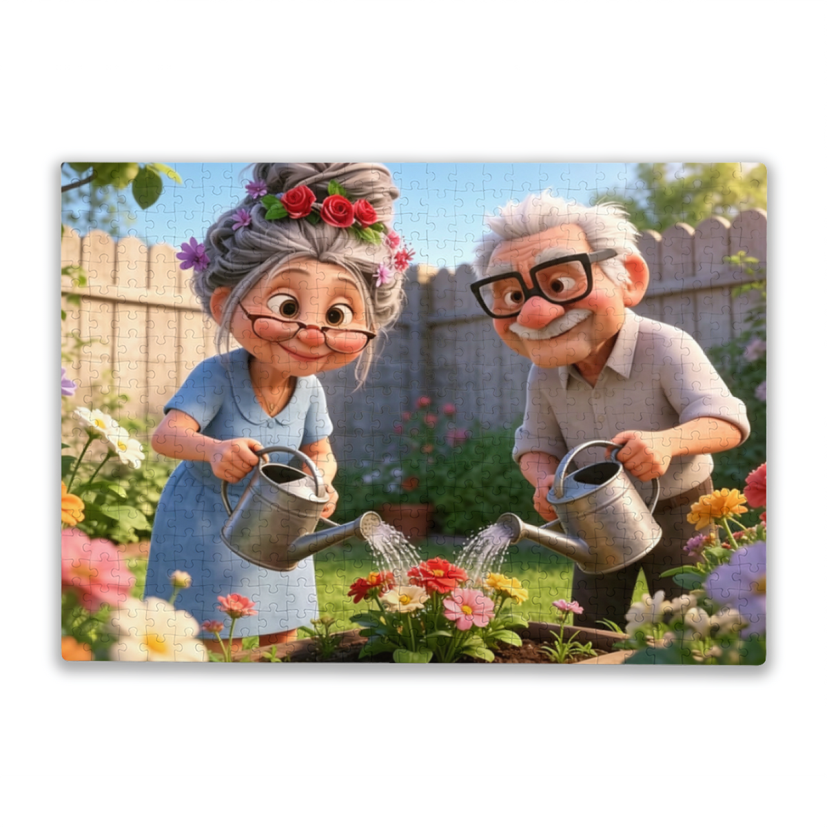Cute Cartoon Grandparents Watering Backyard Flower Garden Puzzle
