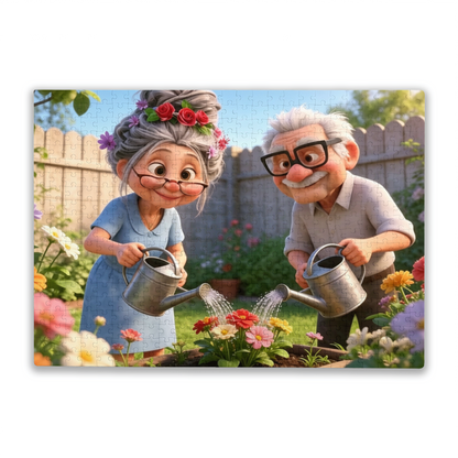 Cute Cartoon Grandparents Watering Backyard Flower Garden Puzzle
