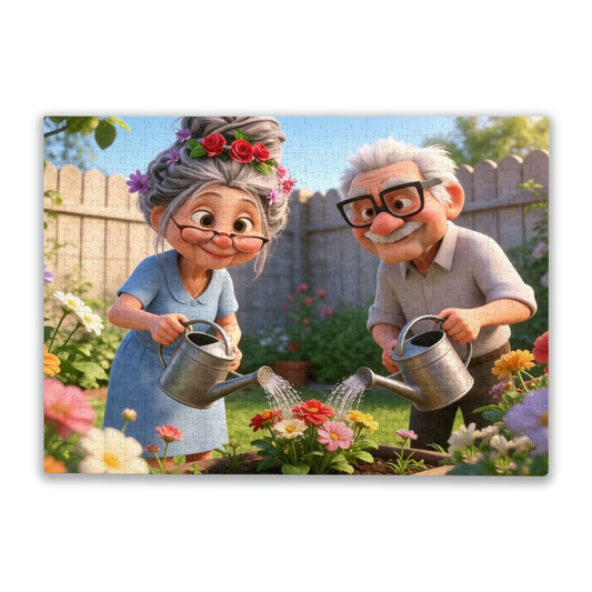 Cute Cartoon Grandparents Watering Backyard Flower Garden Puzzle