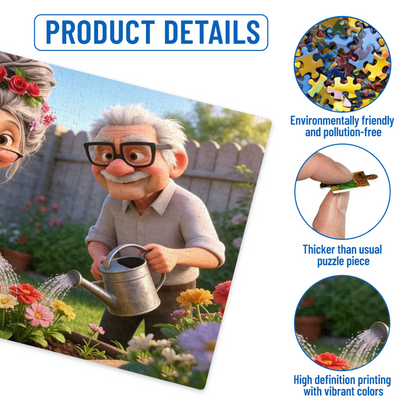 Cute Cartoon Grandparents Watering Backyard Flower Garden Puzzle