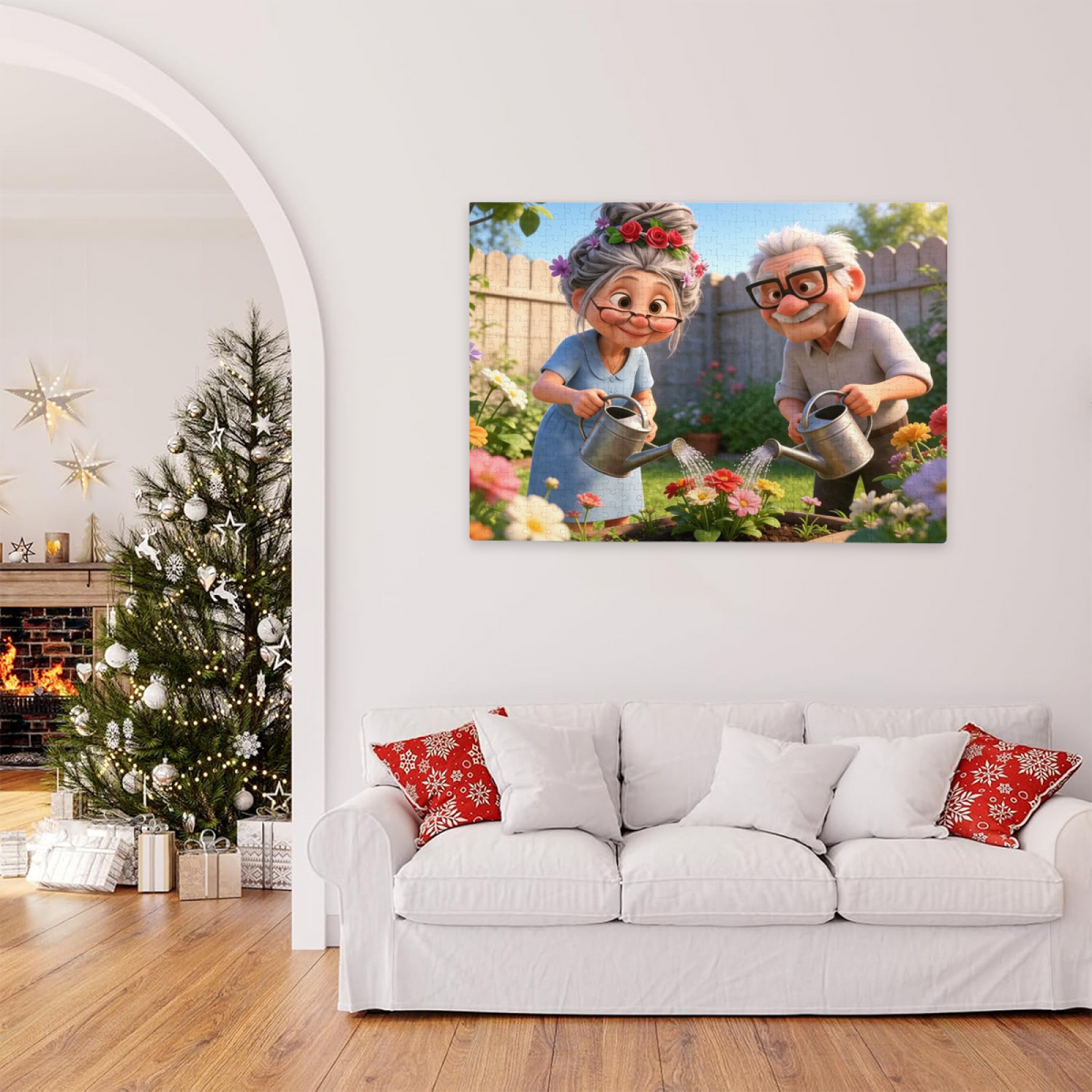 Cute Cartoon Grandparents Watering Backyard Flower Garden Puzzle