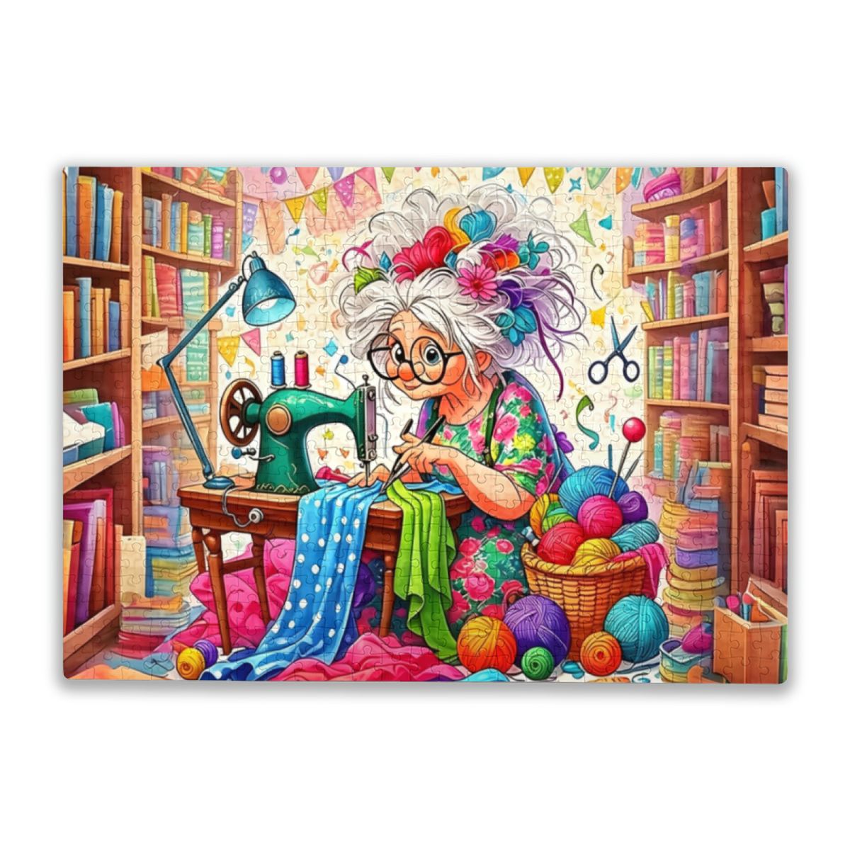 Whimsical Grandma Sewing Bright Fabrics In Her Craft Room Puzzle | 300/500/1000 Pieces