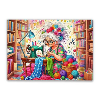 Whimsical Grandma Sewing Bright Fabrics In Her Craft Room Puzzle | 300/500/1000 Pieces