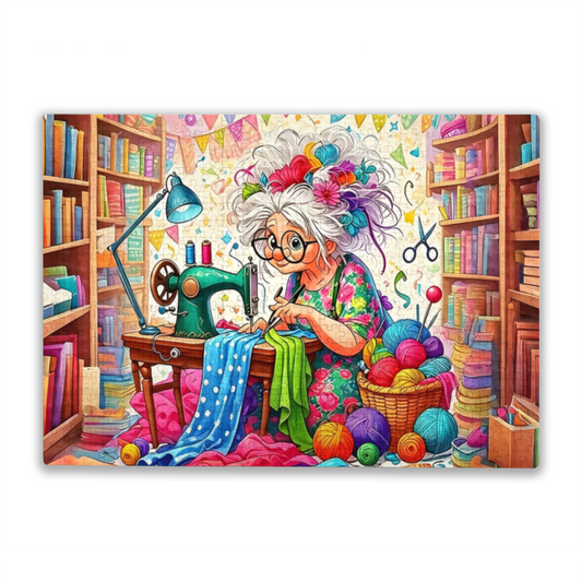 Whimsical Grandma Sewing Bright Fabrics In Her Craft Room Puzzle | 300/500/1000 Pieces