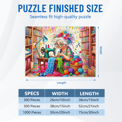 Whimsical Grandma Sewing Bright Fabrics In Her Craft Room Puzzle | 300/500/1000 Pieces