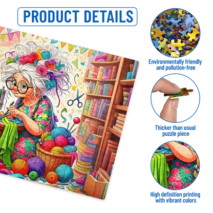 Whimsical Grandma Sewing Bright Fabrics In Her Craft Room Puzzle | 300/500/1000 Pieces