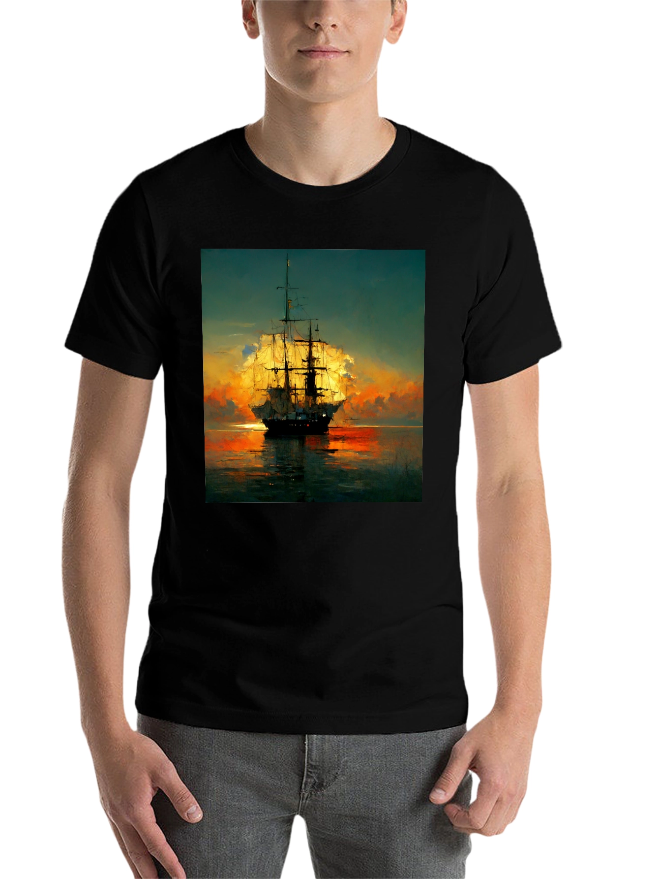 Sailing Ship Sunset T-Shirt - Artistic Sea Adventure
