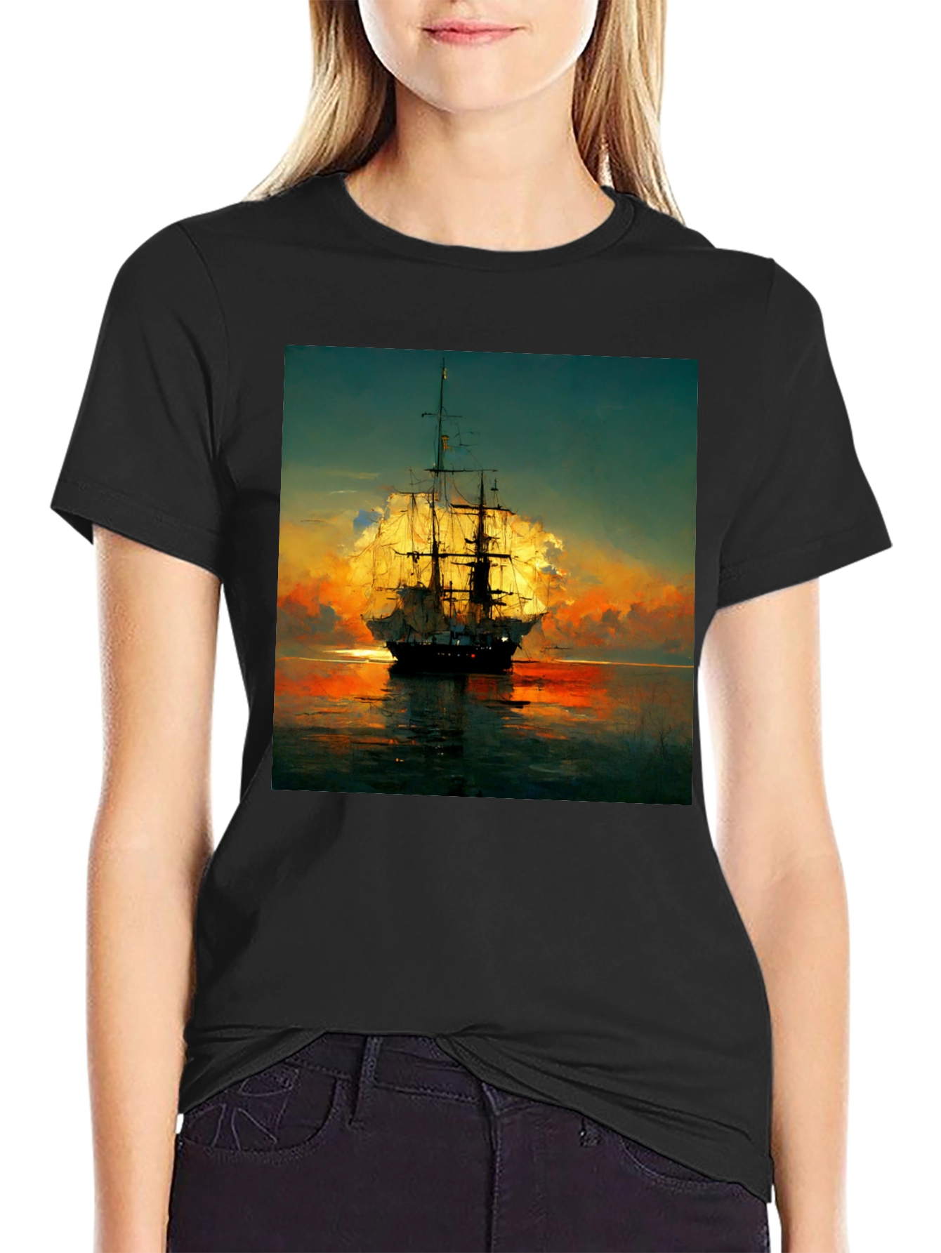 Sailing Ship Sunset T-Shirt - Artistic Sea Adventure