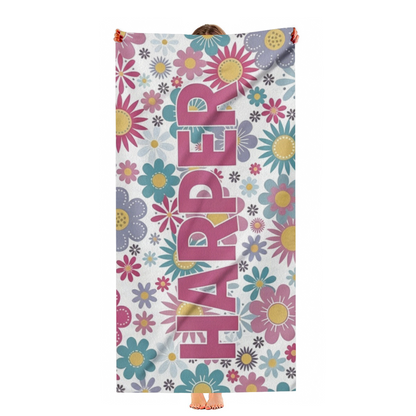 Custom Name HARPER Floral Daisy Background Beach Towel, All Available Sizes, Gentle Soft Fabric, Powerful Water Absorbency & Customized Comfort for Personalized Summer Gear