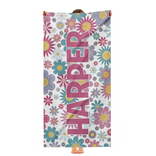 Custom Name HARPER Floral Daisy Background Beach Towel, All Available Sizes, Gentle Soft Fabric, Powerful Water Absorbency & Customized Comfort for Personalized Summer Gear