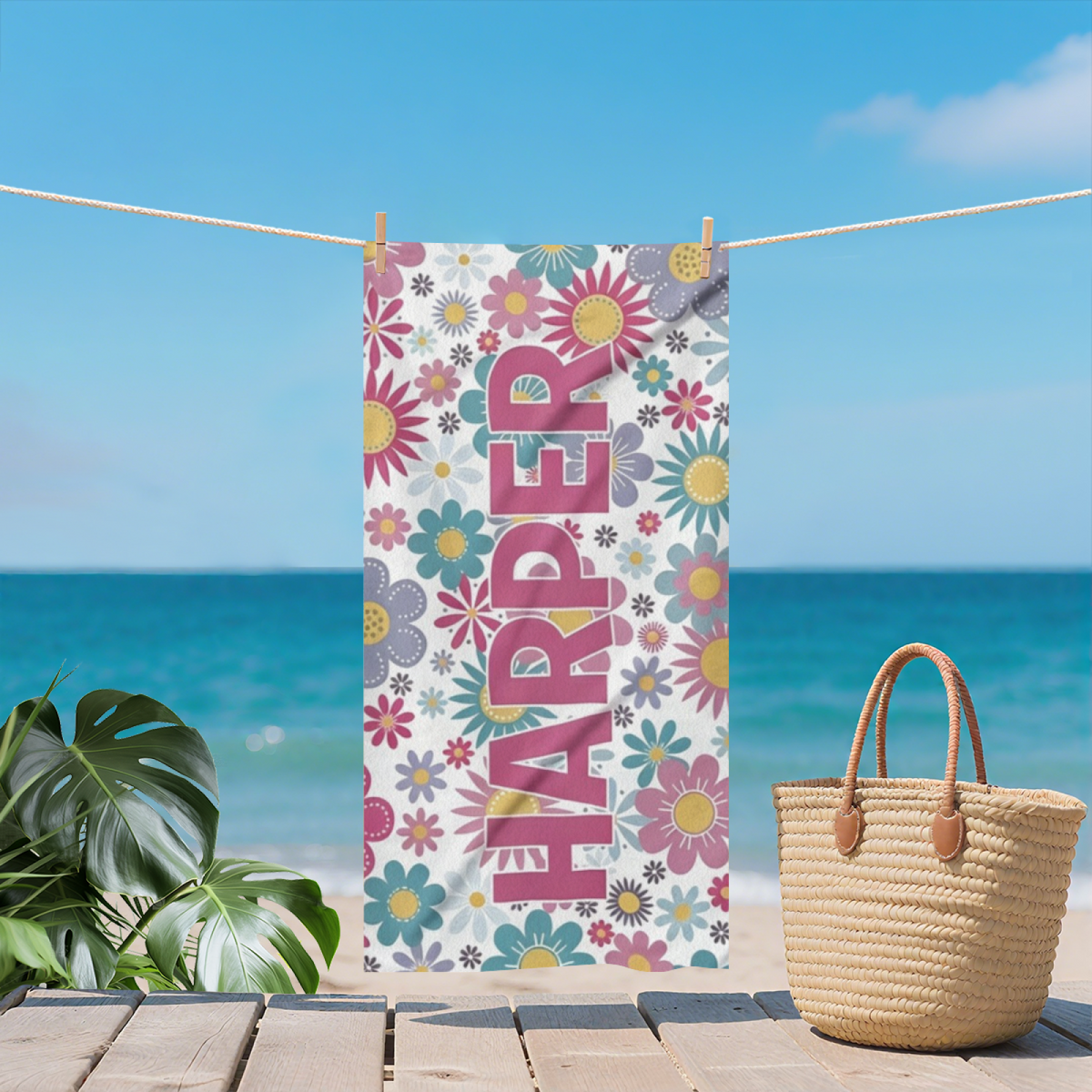 Custom Name HARPER Floral Daisy Background Beach Towel, All Available Sizes, Gentle Soft Fabric, Powerful Water Absorbency & Customized Comfort for Personalized Summer Gear