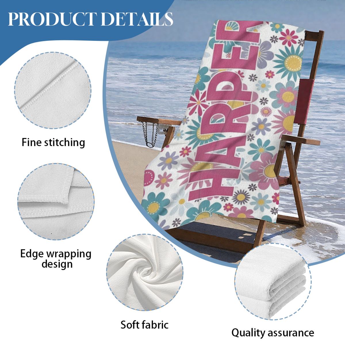 Custom Name HARPER Floral Daisy Background Beach Towel, All Available Sizes, Gentle Soft Fabric, Powerful Water Absorbency & Customized Comfort for Personalized Summer Gear