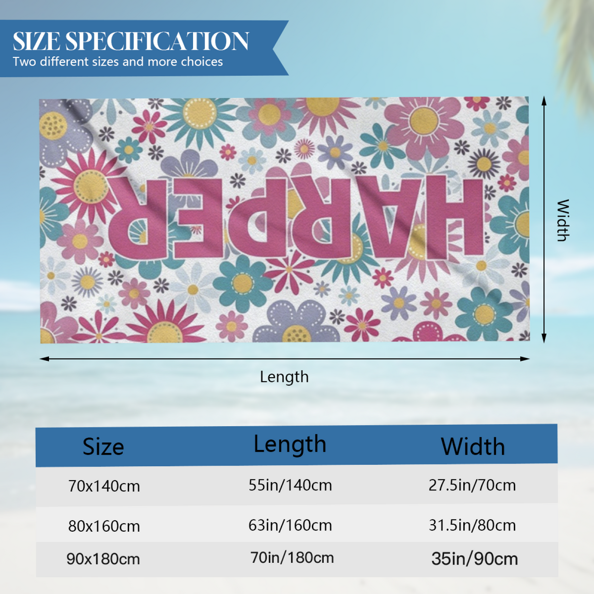 Custom Name HARPER Floral Daisy Background Beach Towel, All Available Sizes, Gentle Soft Fabric, Powerful Water Absorbency & Customized Comfort for Personalized Summer Gear