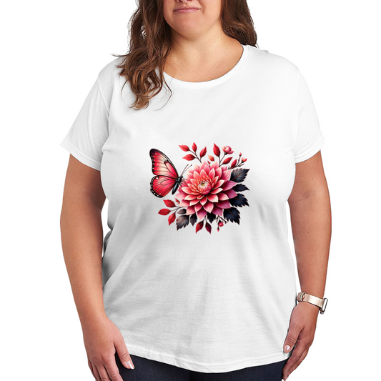 Red Butterfly Dahlia Floral Plus Size Women Tee