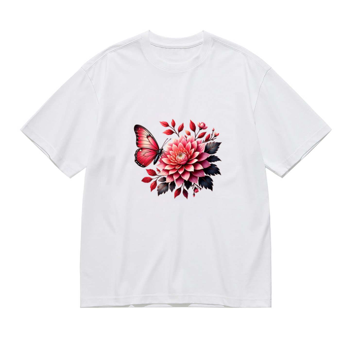 Red Butterfly Dahlia Floral Plus Size Women Tee
