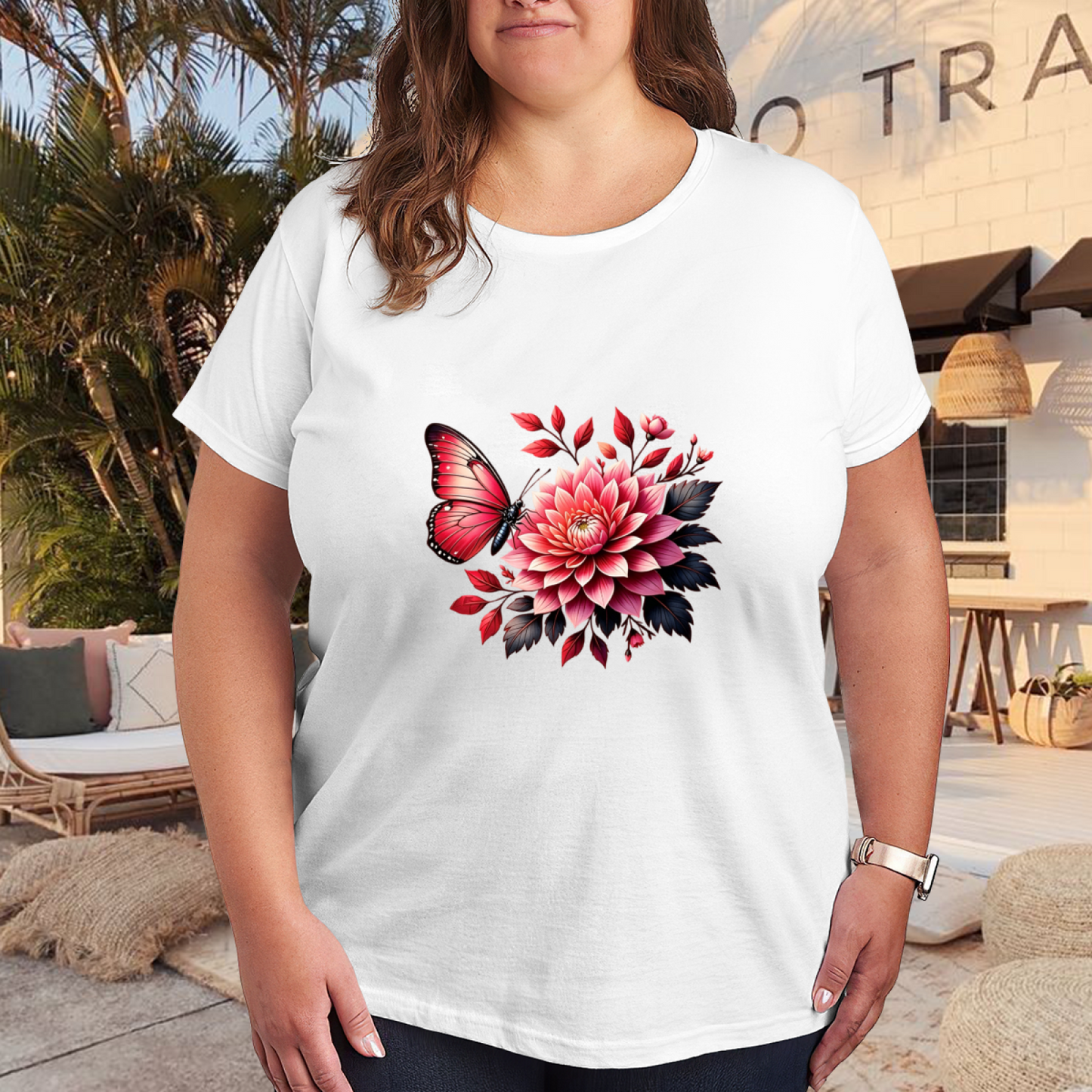 Red Butterfly Dahlia Floral Plus Size Women Tee