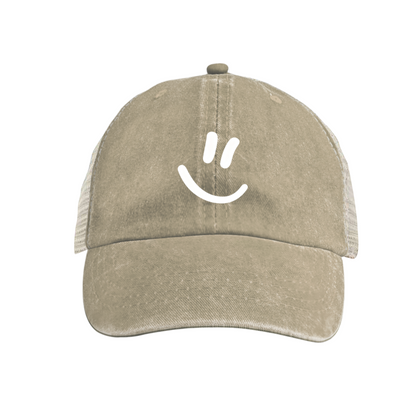 Minimal Smiley Face Bright Blue Washed Mesh Trucker Cap, Cute Summer Breathable Vintage Hat