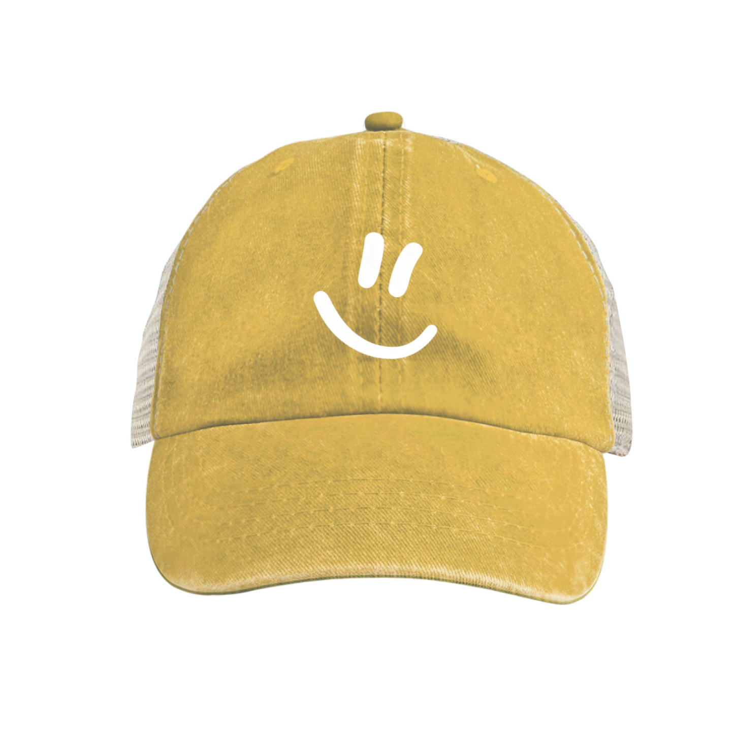 Minimal Smiley Face Bright Blue Washed Mesh Trucker Cap, Cute Summer Breathable Vintage Hat