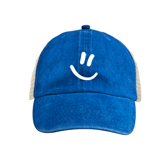 Minimal Smiley Face Bright Blue Washed Mesh Trucker Cap, Cute Summer Breathable Vintage Hat