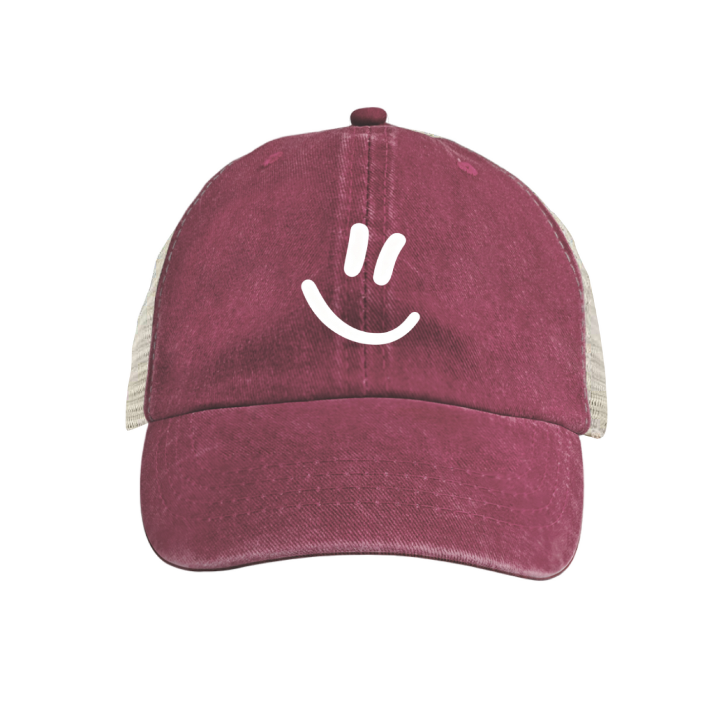 Minimal Smiley Face Bright Blue Washed Mesh Trucker Cap, Cute Summer Breathable Vintage Hat