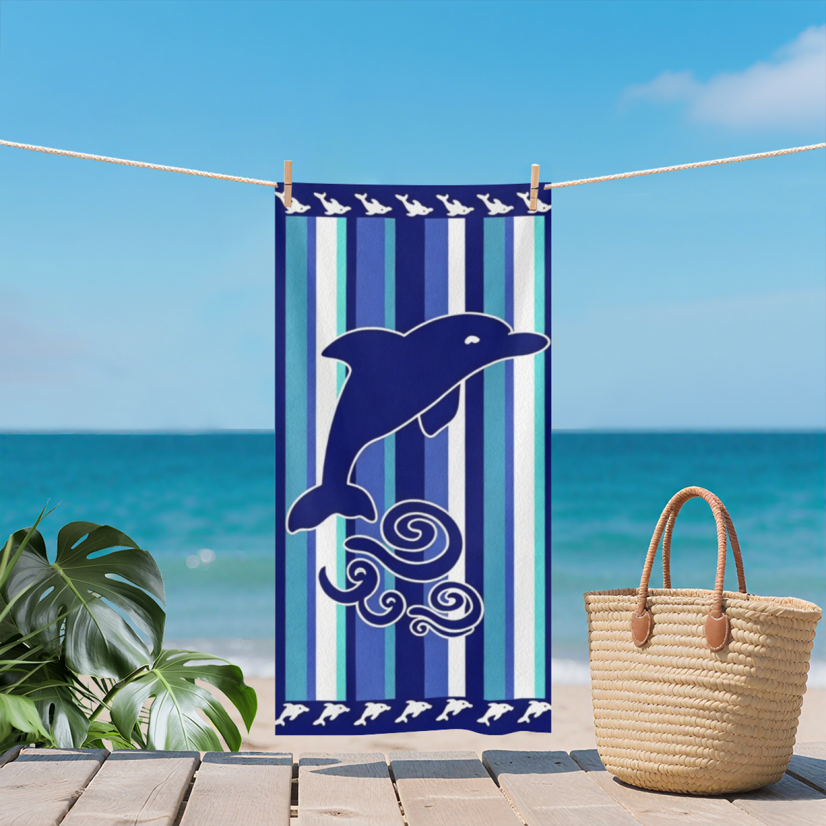 Cute Dolphin Striped Ocean Style Beach Towel, Cloud?Like Soft & Efficient Water Absorbing, Multiple Size Choices for Kids & Adults Beach Activities