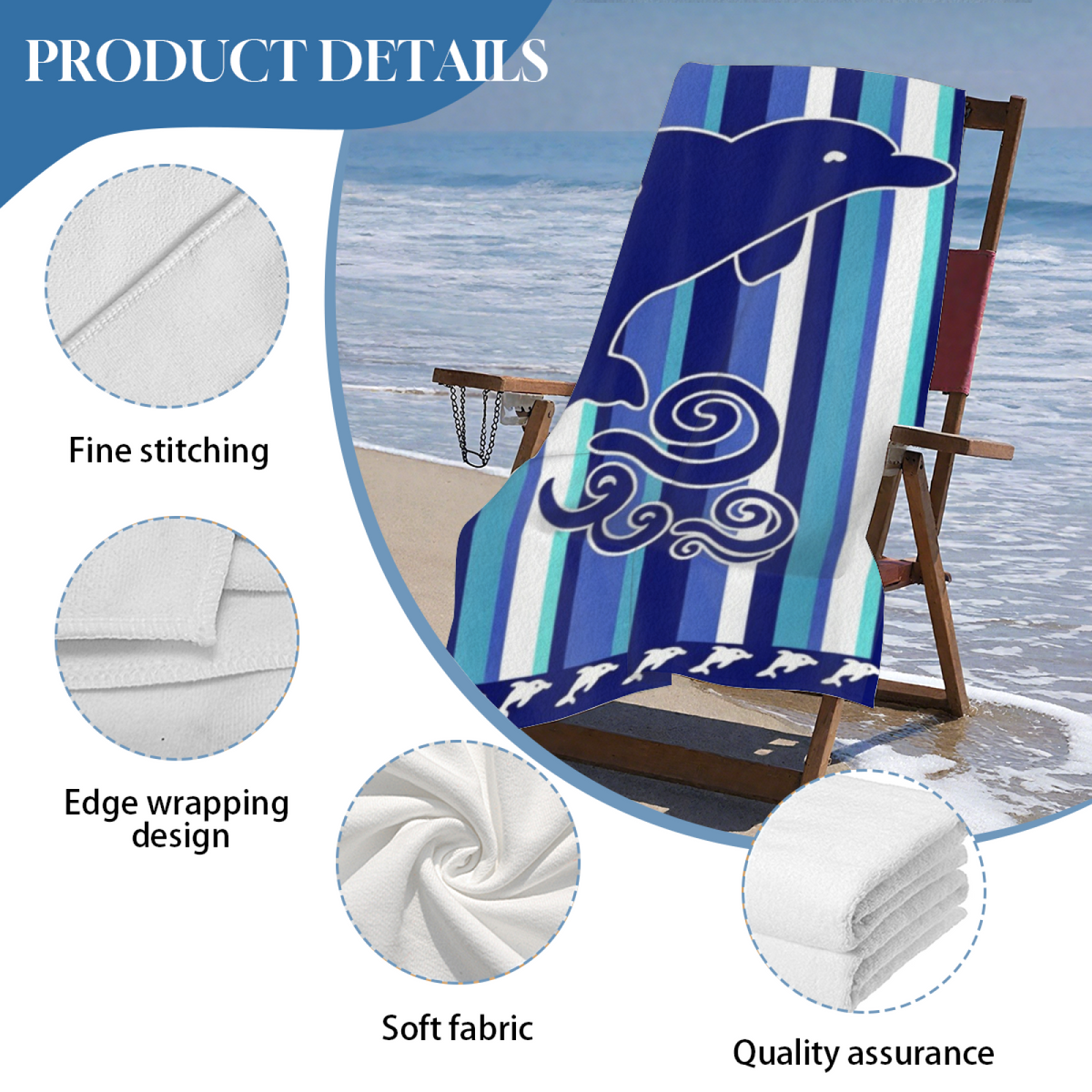 Cute Dolphin Striped Ocean Style Beach Towel, Cloud?Like Soft & Efficient Water Absorbing, Multiple Size Choices for Kids & Adults Beach Activities