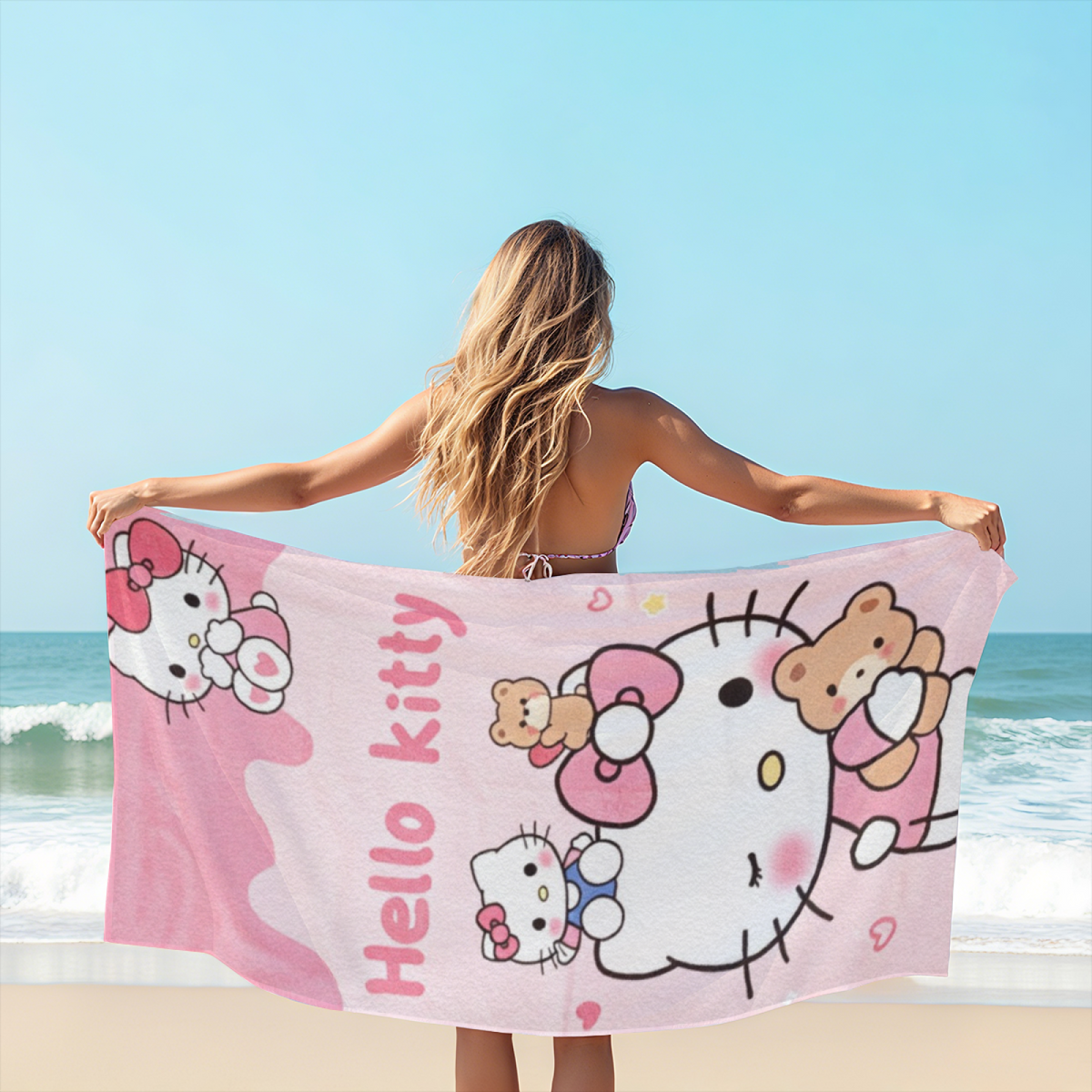 Cute Pink Hello Kitty Bear Cartoon Beach Towel, Super Plush & Comfortable, Fast Water Absorbing, Diverse Length Sizes Perfect for Girls Kids Pool Day